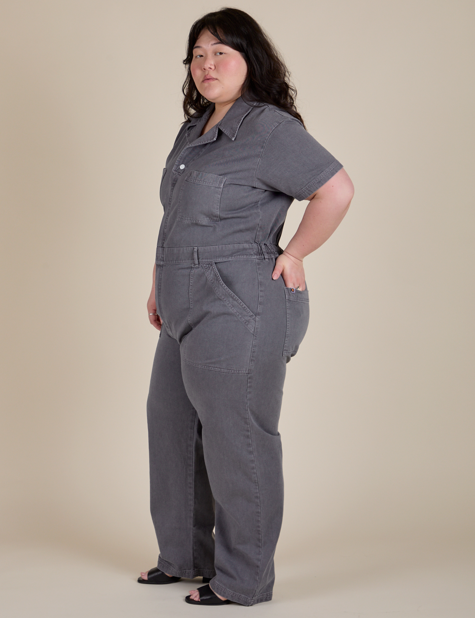 Short Sleeve Jumpsuit in Washed Grey side view on Ashley