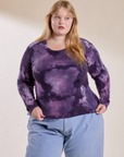 Juliet is 5'7" and wearing L Long Sleeve Baby Tee in Dark Lavender
