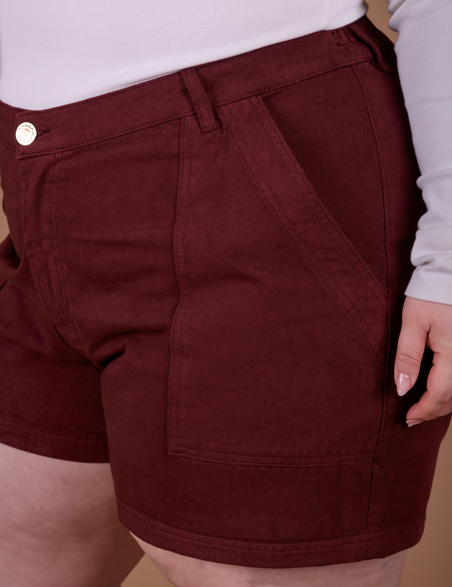 Classic Work Shorts in Red Wine close up on Ashley