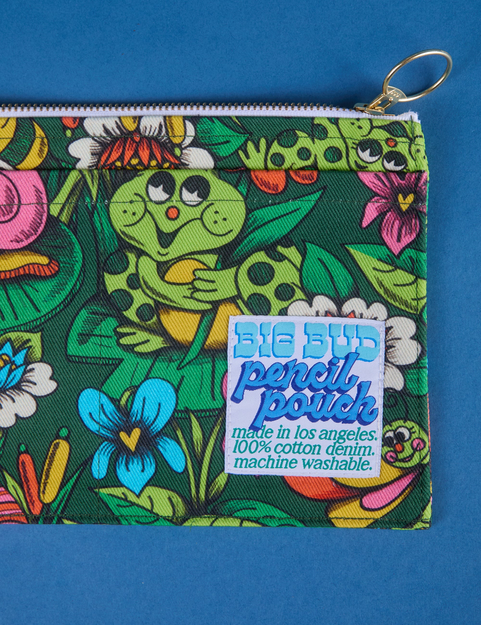 Close up of Pond Party Printed Pencil Pouch