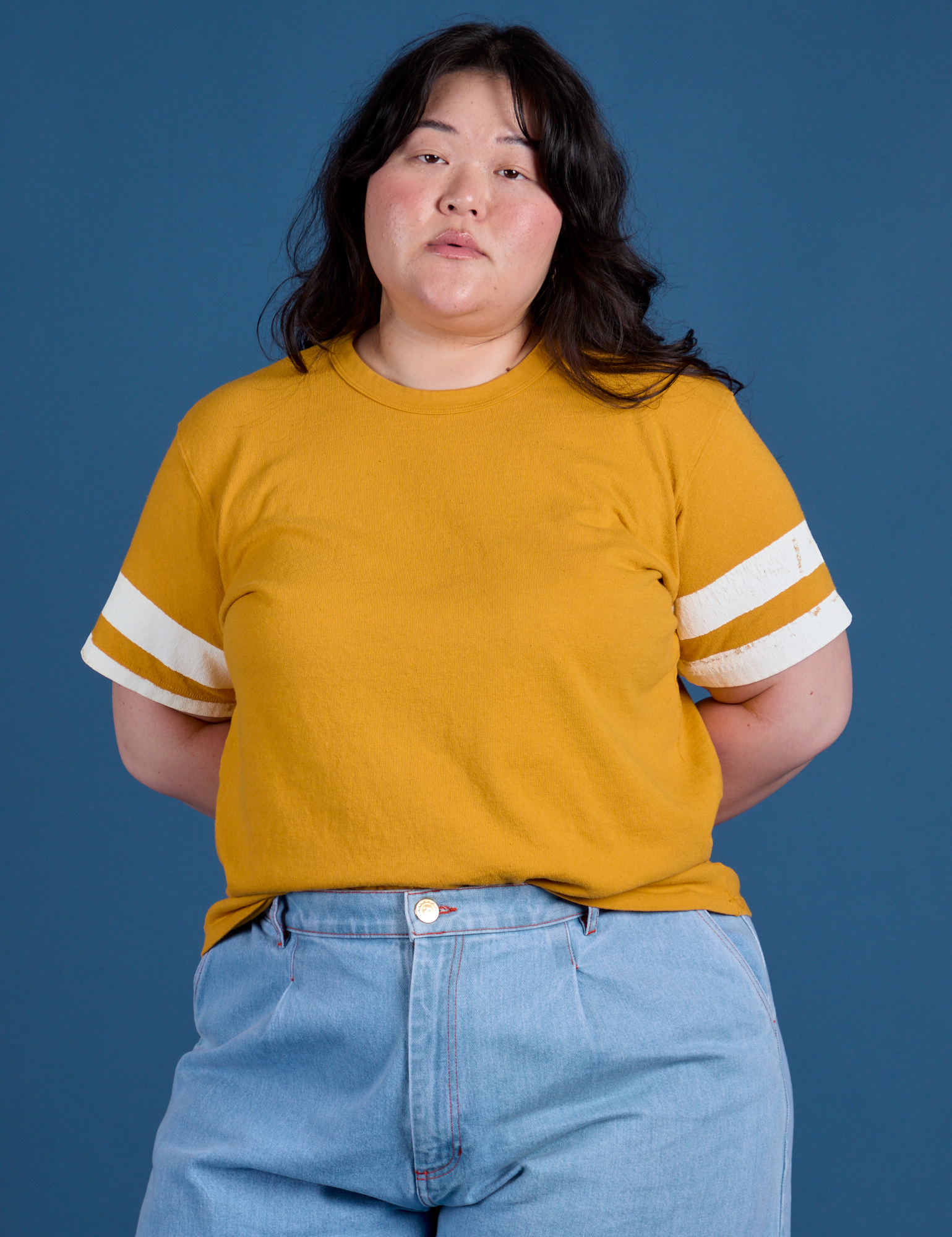 Painted Burly Tee in Mustard Yellow on Ashley