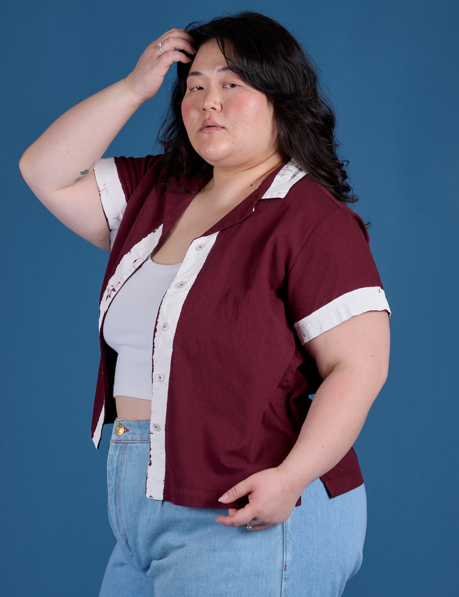 Angled front view of Painted Pantry Button-Up in Red Wine on Ashley