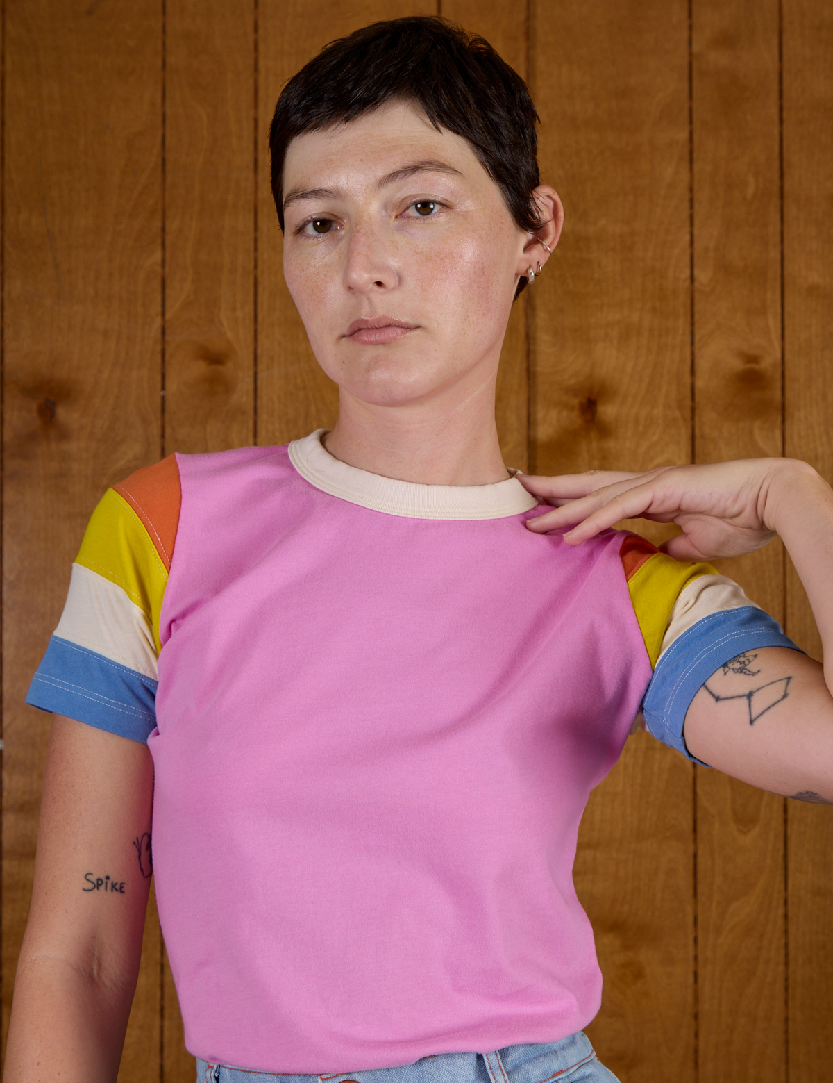 Front close up of Calypso Tee in Bubblegum Multi on Alex