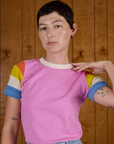 Front close up of Calypso Tee in Bubblegum Multi on Alex