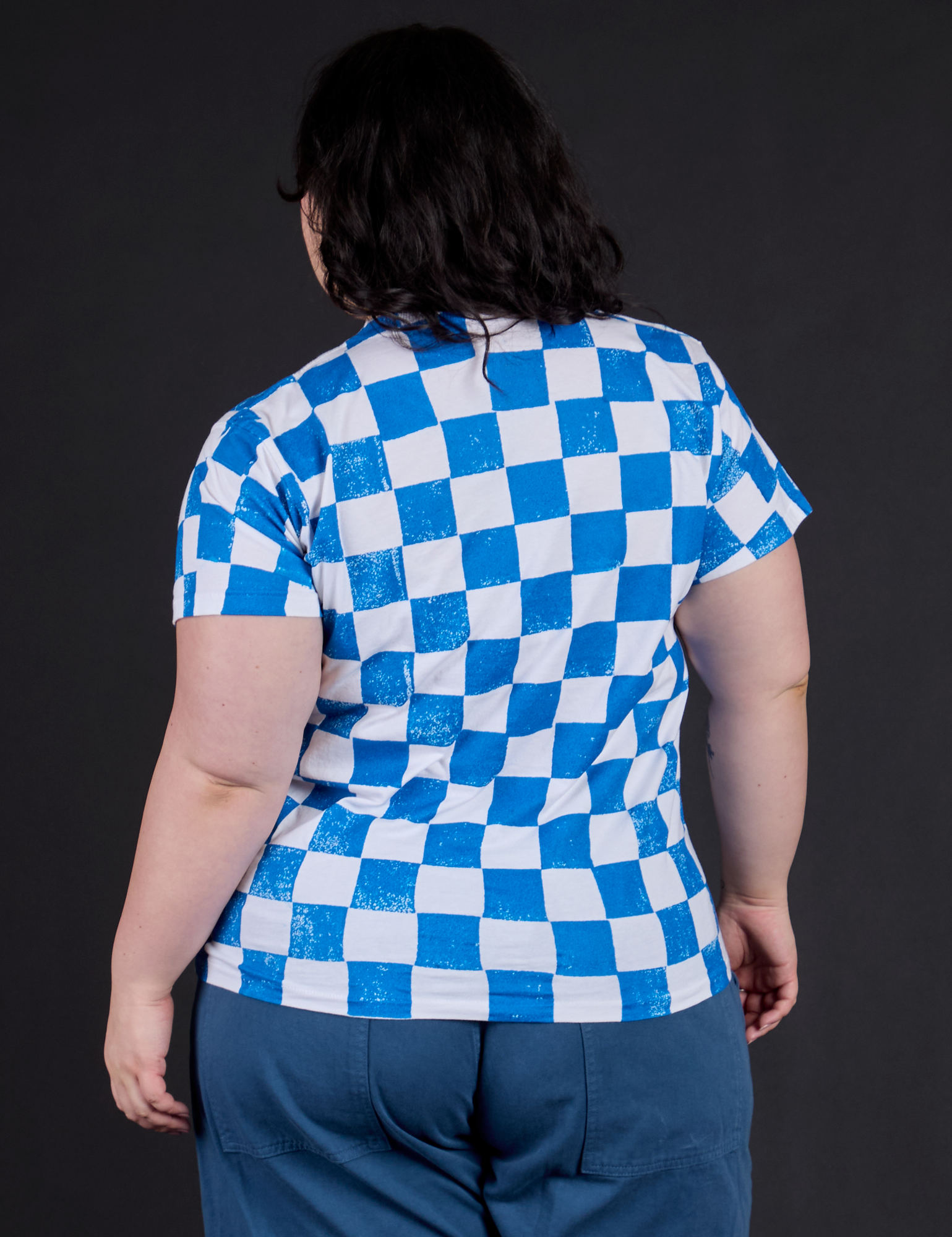 Checker Organic Tee in Blue back view on Ashley