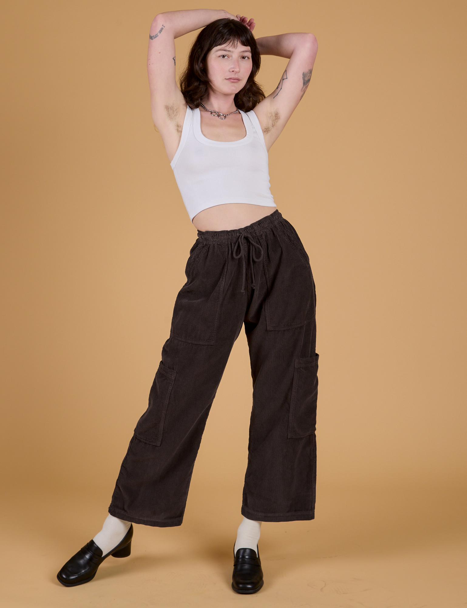 Corduroy Drop Pocket Cargo Pants in Espresso Brown and Cropped Tank in Vintage Tee White on Alex