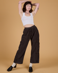 Corduroy Drop Pocket Cargo Pants in Espresso Brown and Cropped Tank in Vintage Tee White on Alex