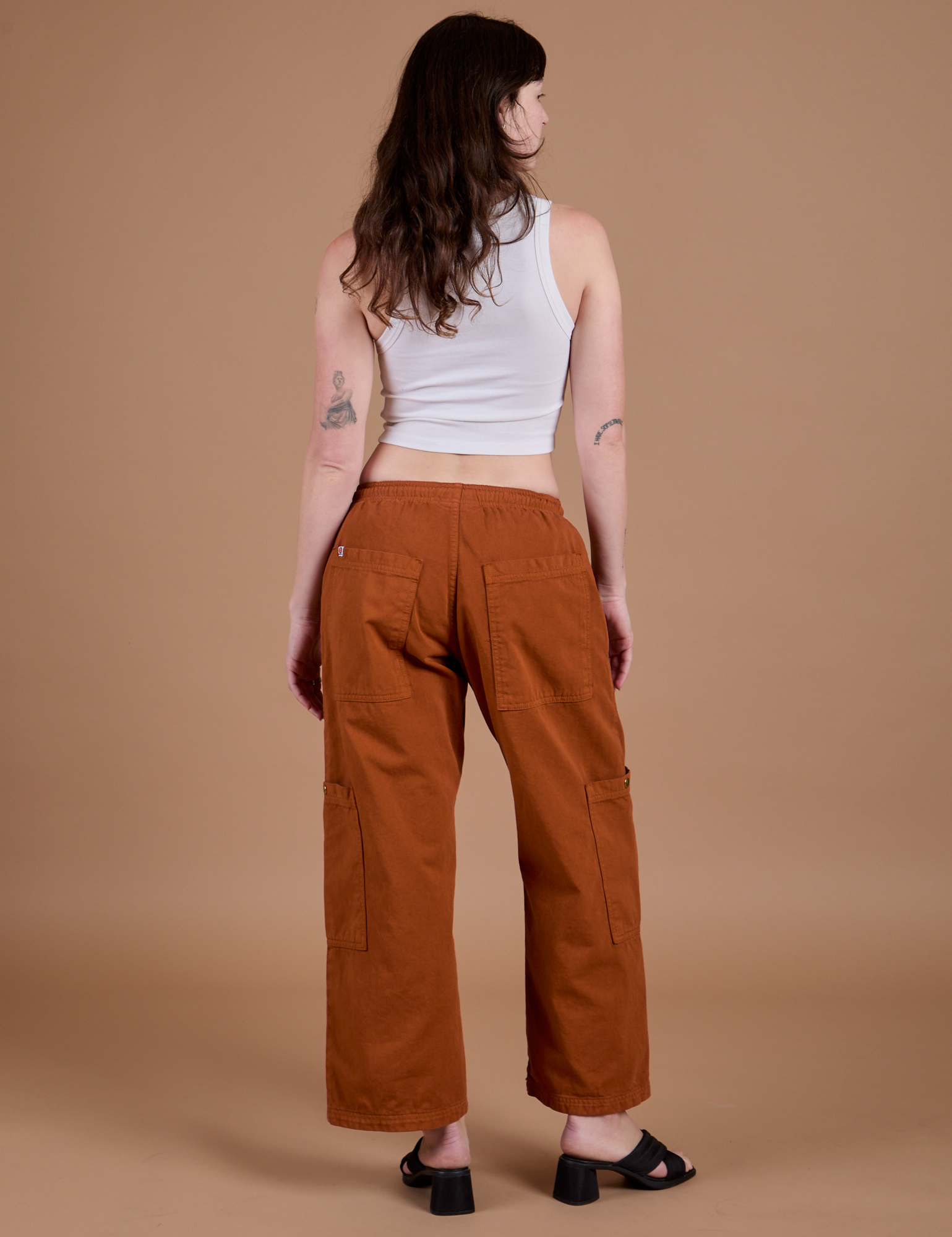 Drop Pocket Cargo Pants in Burnt Terracotta back view on Alex