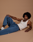 Drop Pocket Cargo Pants in French Blue and Tank Top in vintage tee white worn by Jerrod