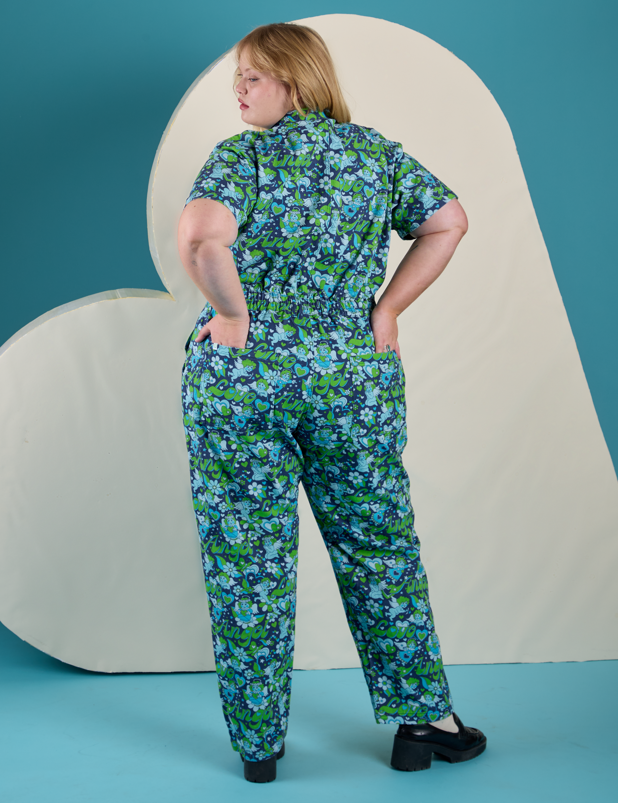 Back view of Angel Print Jumpsuit on Juliet