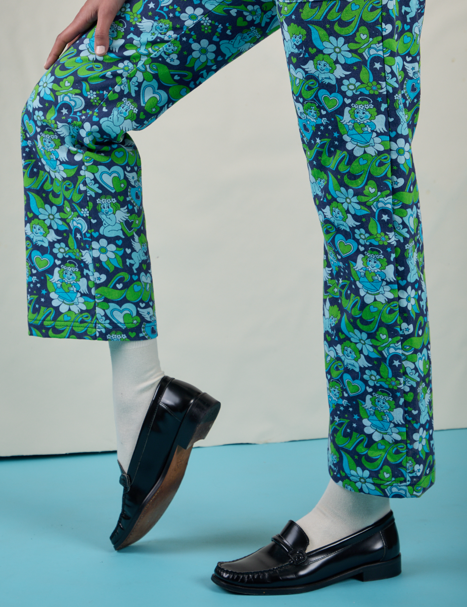 Pant leg close up of Work Pants in Angel Print on Shahana