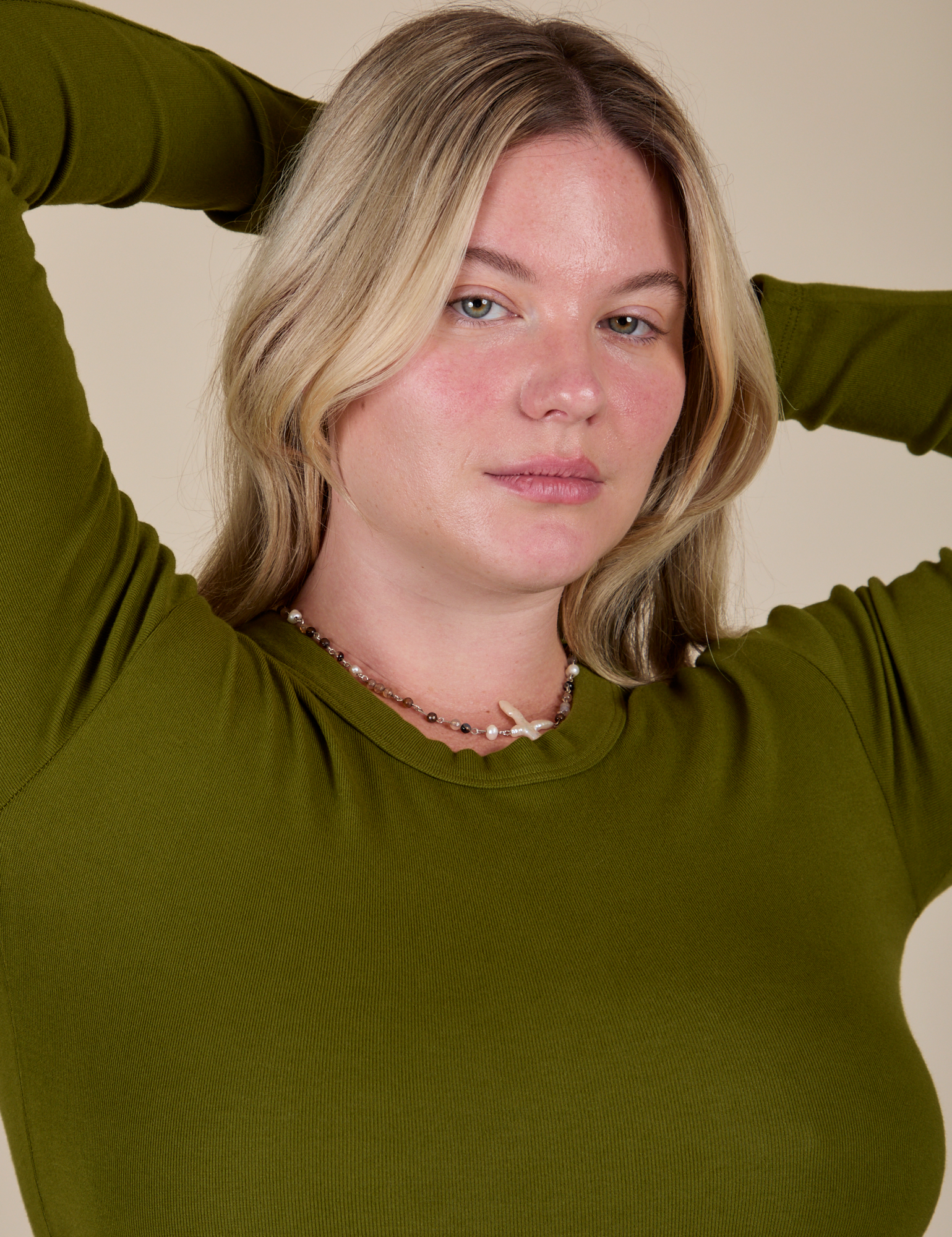 Long Sleeve Baby Tee in Summer Olive front close up on Lish