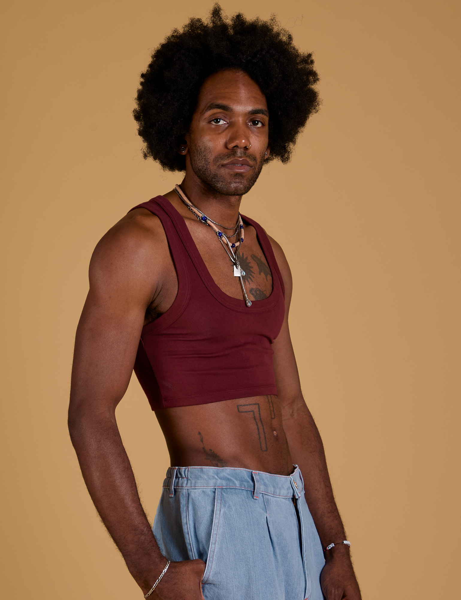 Mini Tank in Red Wine angled front view on Jerrod