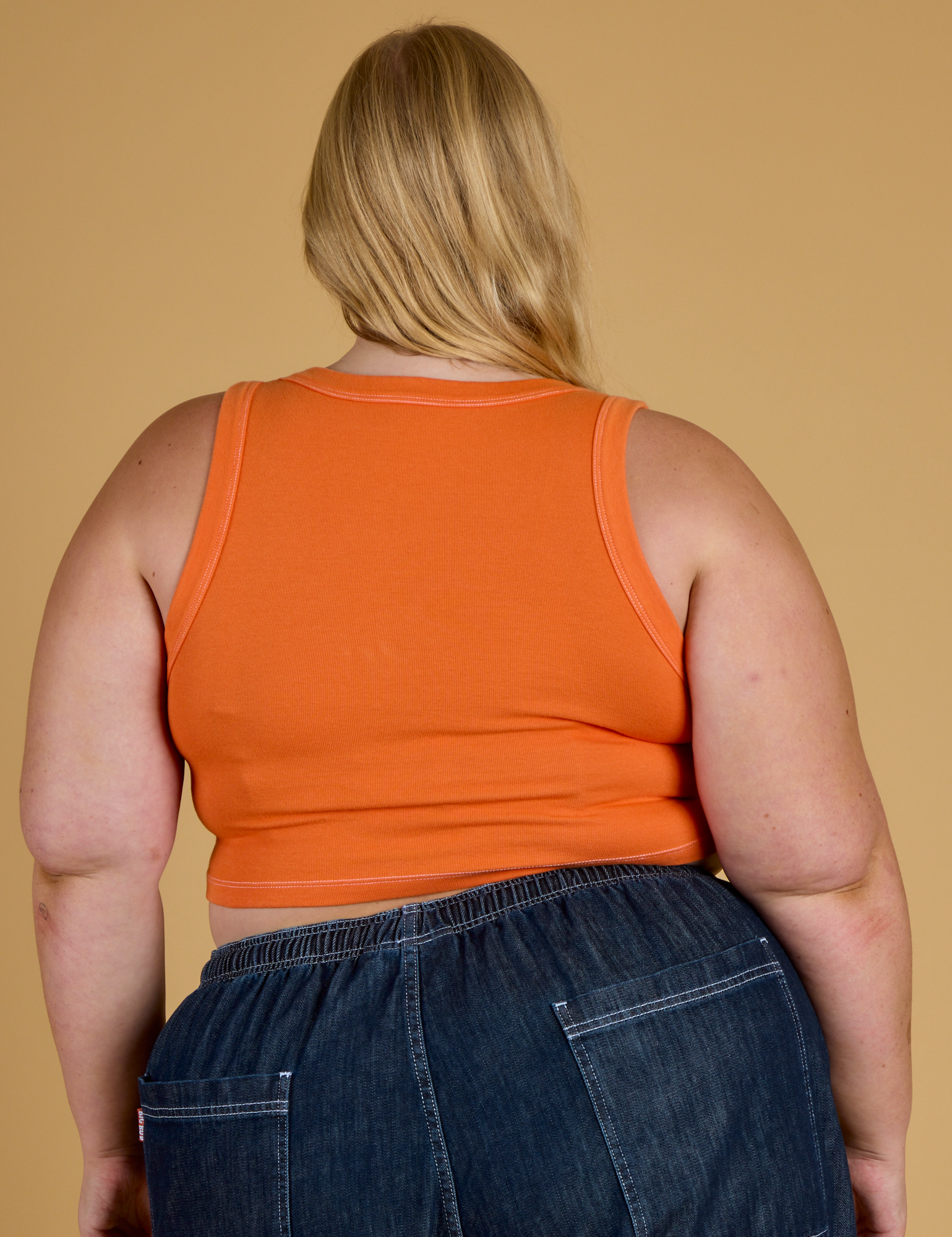 Contrast Stitch Mini Tank in Construction Orange back view on Juliet