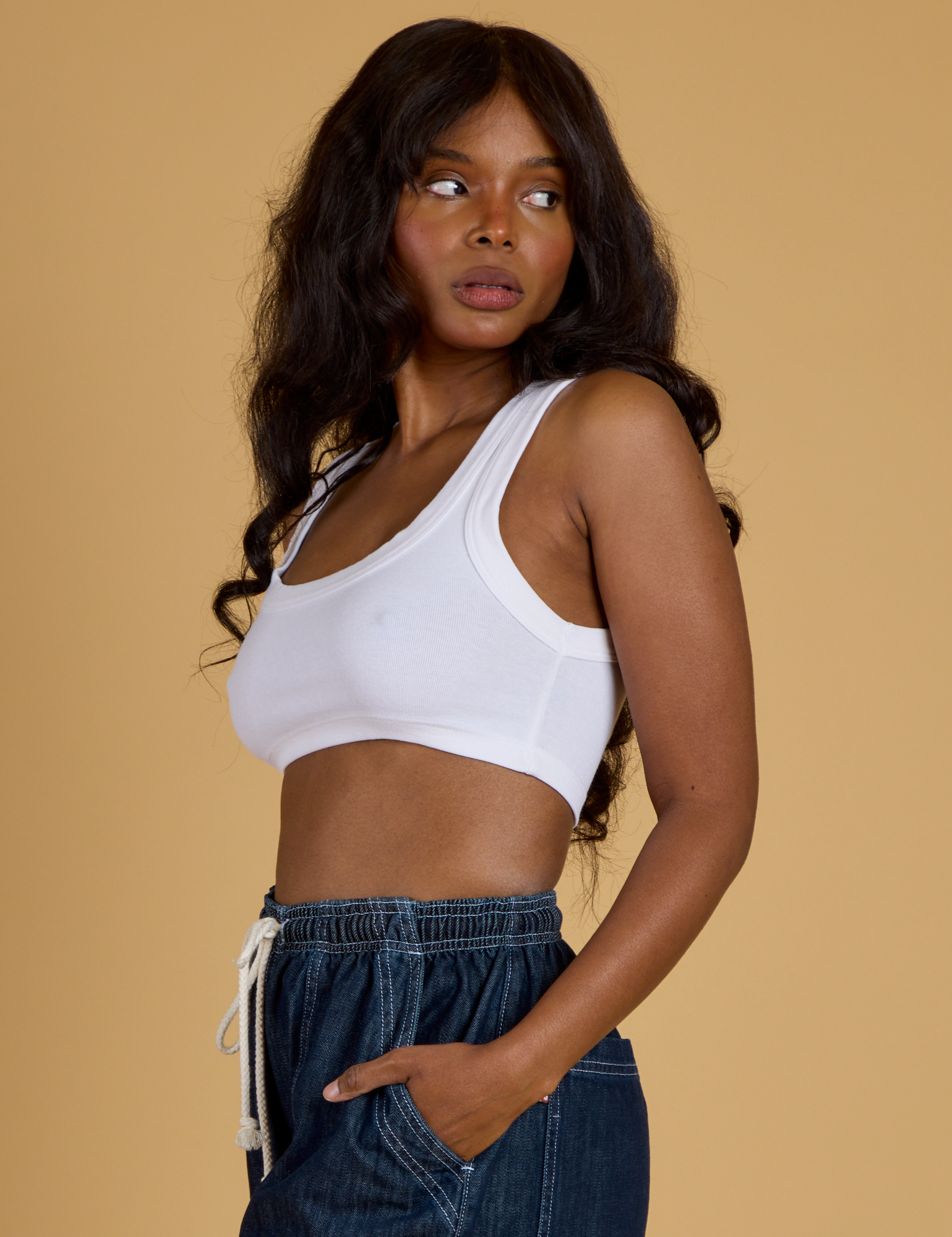 Contrast Stitch Mini Tank in Vintage Tee White angled front view on Kandia