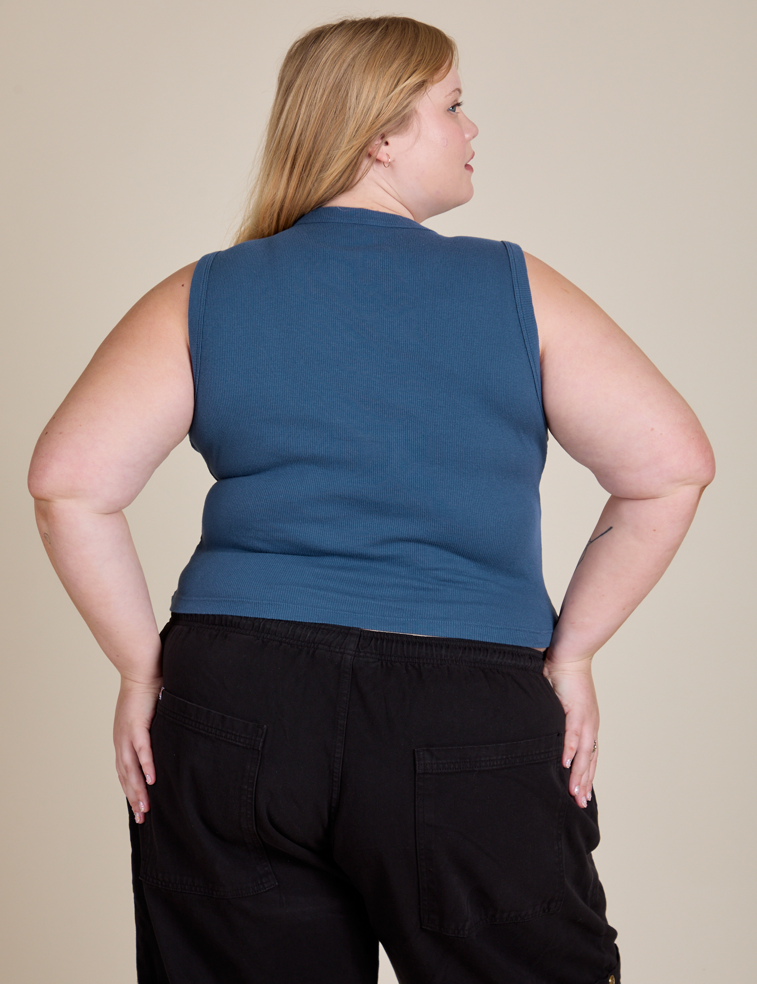 Muscle Tee in French Blue back view on Juliet