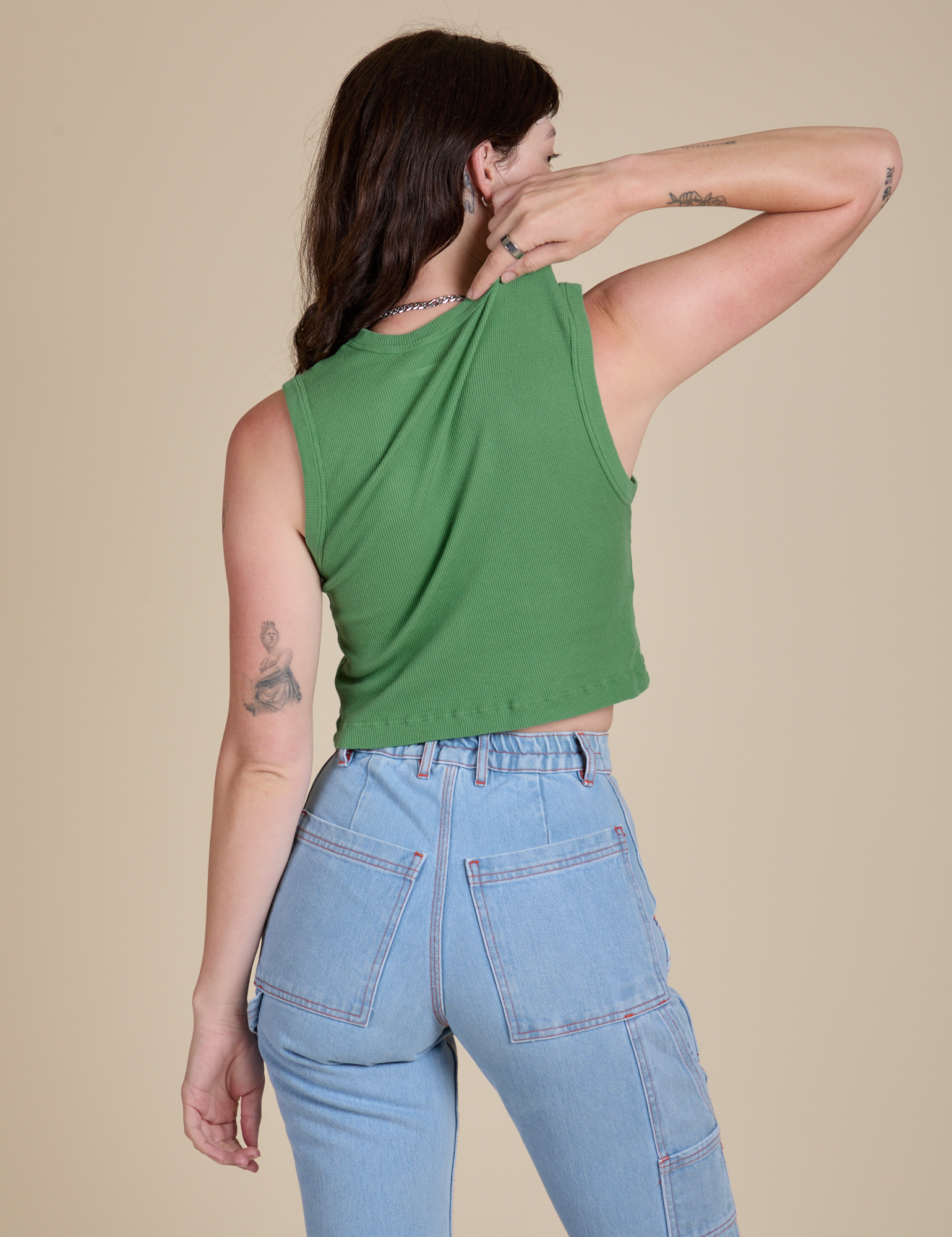 Muscle Tee in Seafoam Green back view on Alex