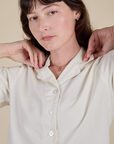 Pantry Button-Up in Vintage Tee White front close up on Alex