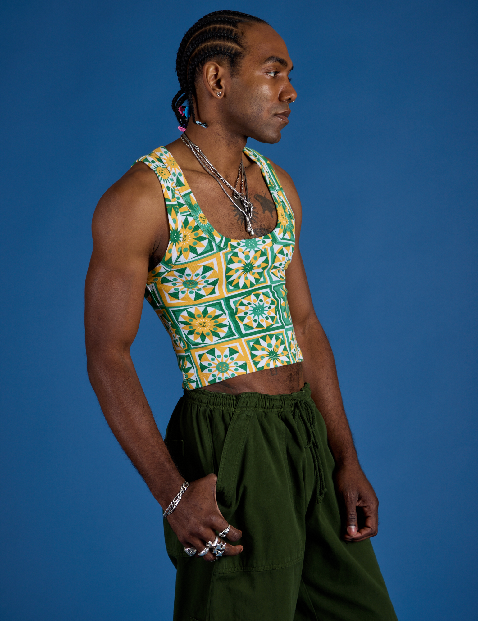 Cropped Tank Top in Spring Quilt Print side view on Jerrod
