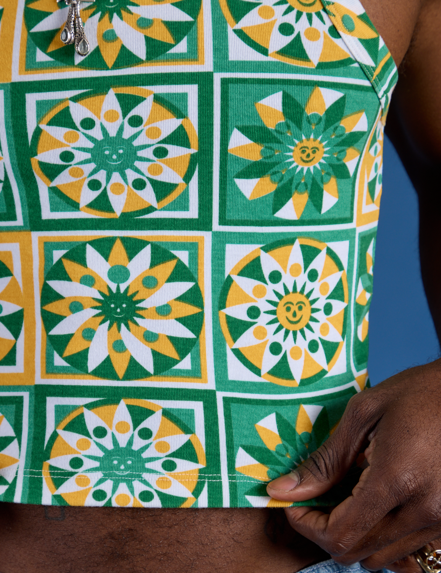 Deep-Cut Racerback Tank in Spring Quilt Print close up on Jerrod