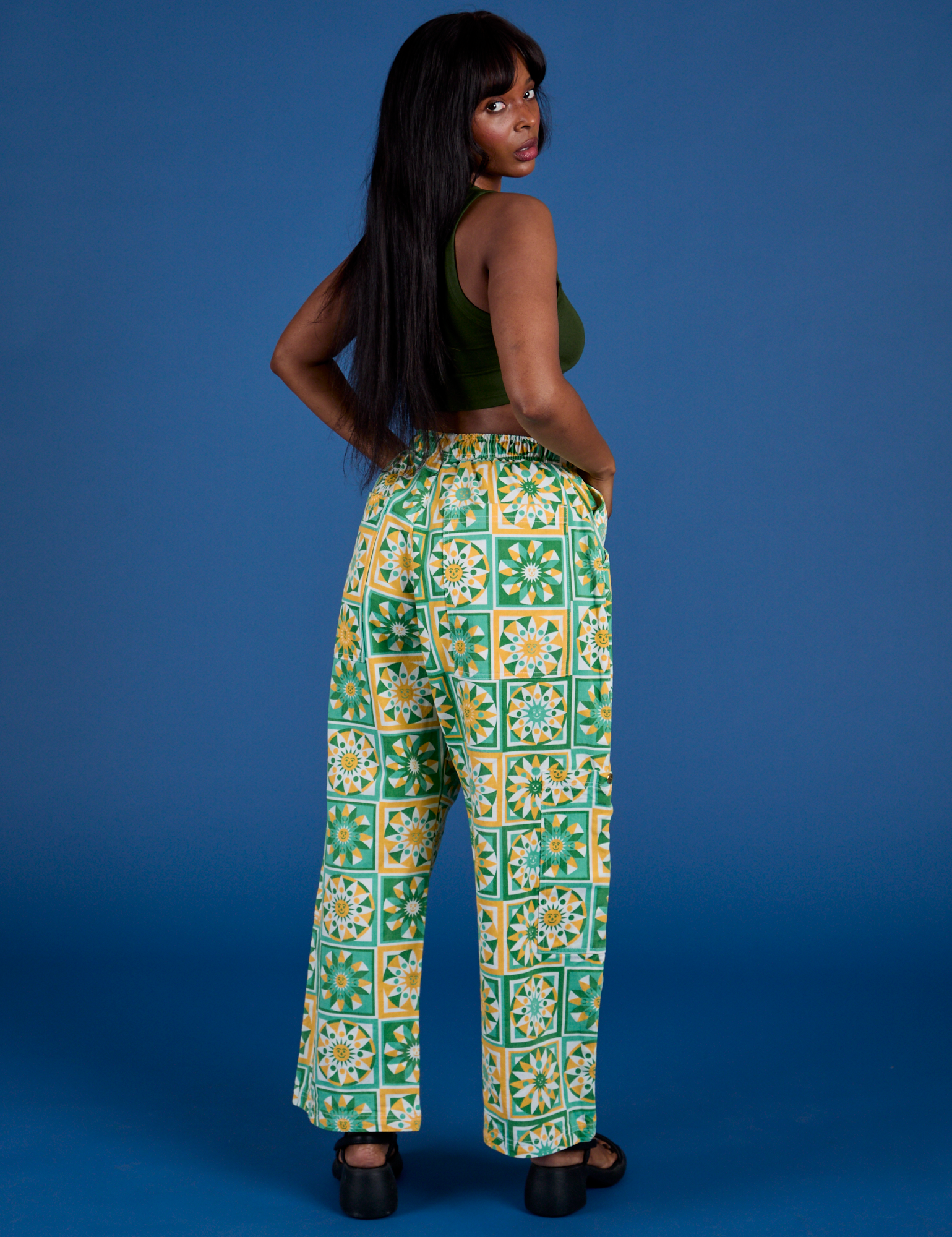 Drop Pocket Cargo Pants in Spring Quilt Print back view on Kandia