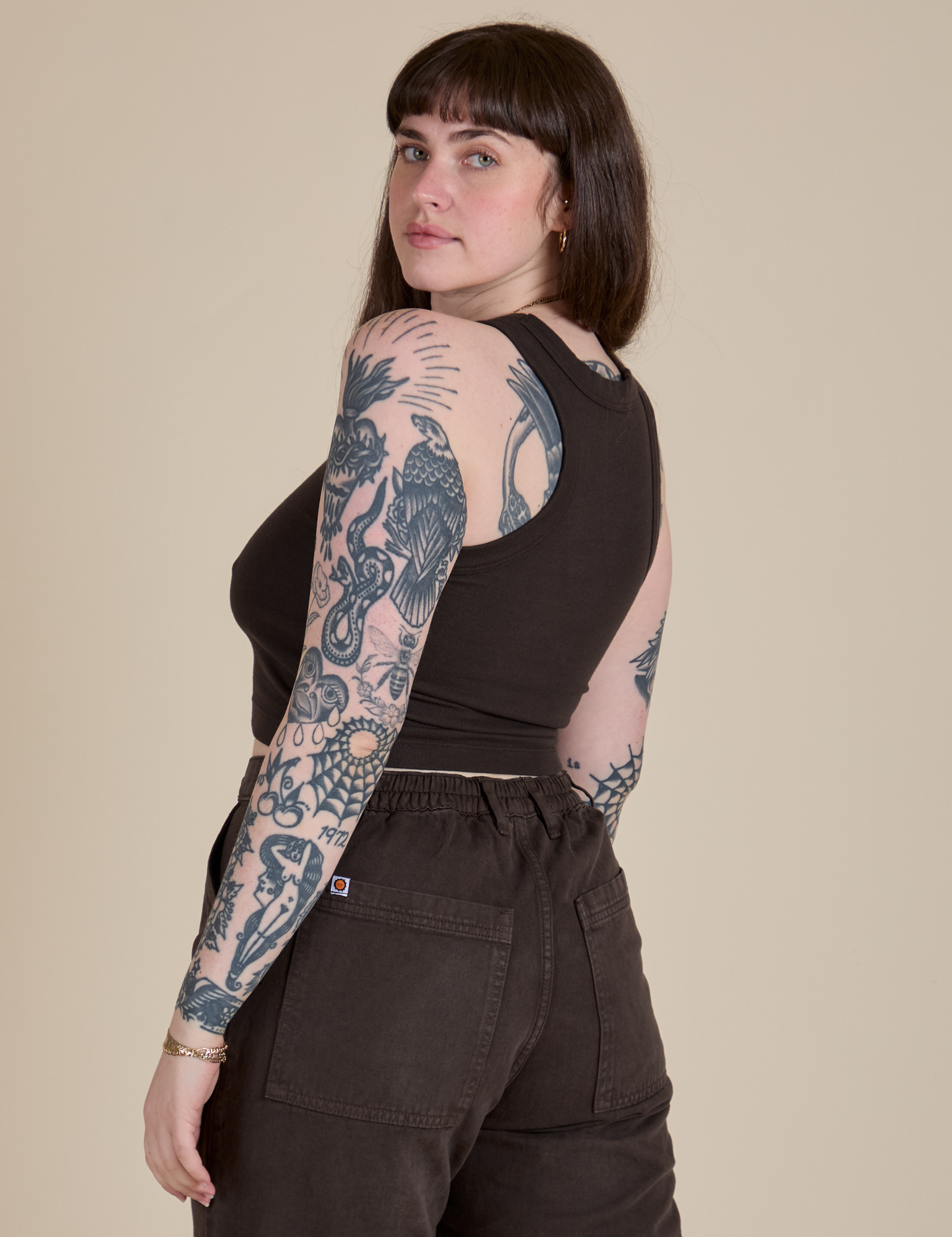 Racerback Tank in Espresso Brown angled back view on Sydney
