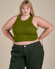 Juliet is 5’7” and wearing L Racerback Tank in Summer Olive