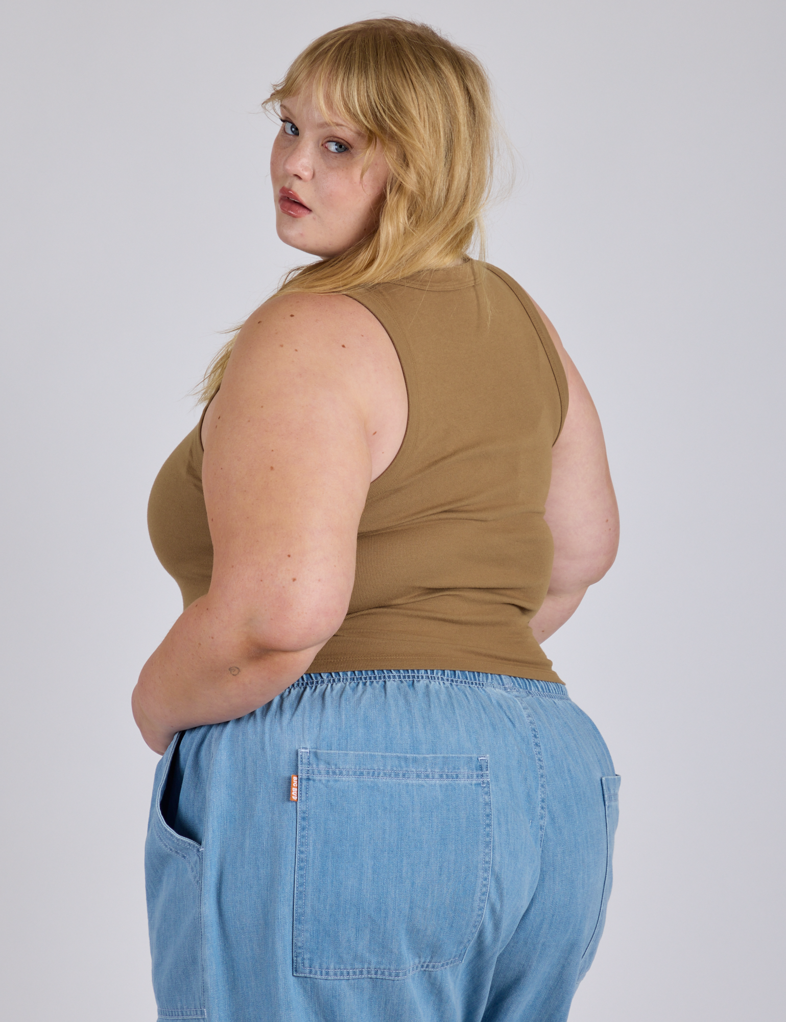 Cropped Tank Top in Desert Brown angled back view on Juliet