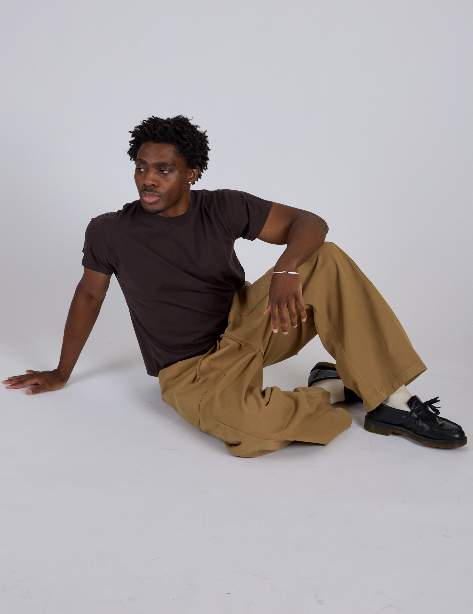 Drop Pocket Cargo Pants in Desert Brown and espresso brown Organic Vintage Tee on Isaac