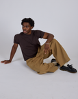 Drop Pocket Cargo Pants in Desert Brown and espresso brown Organic Vintage Tee on Isaac