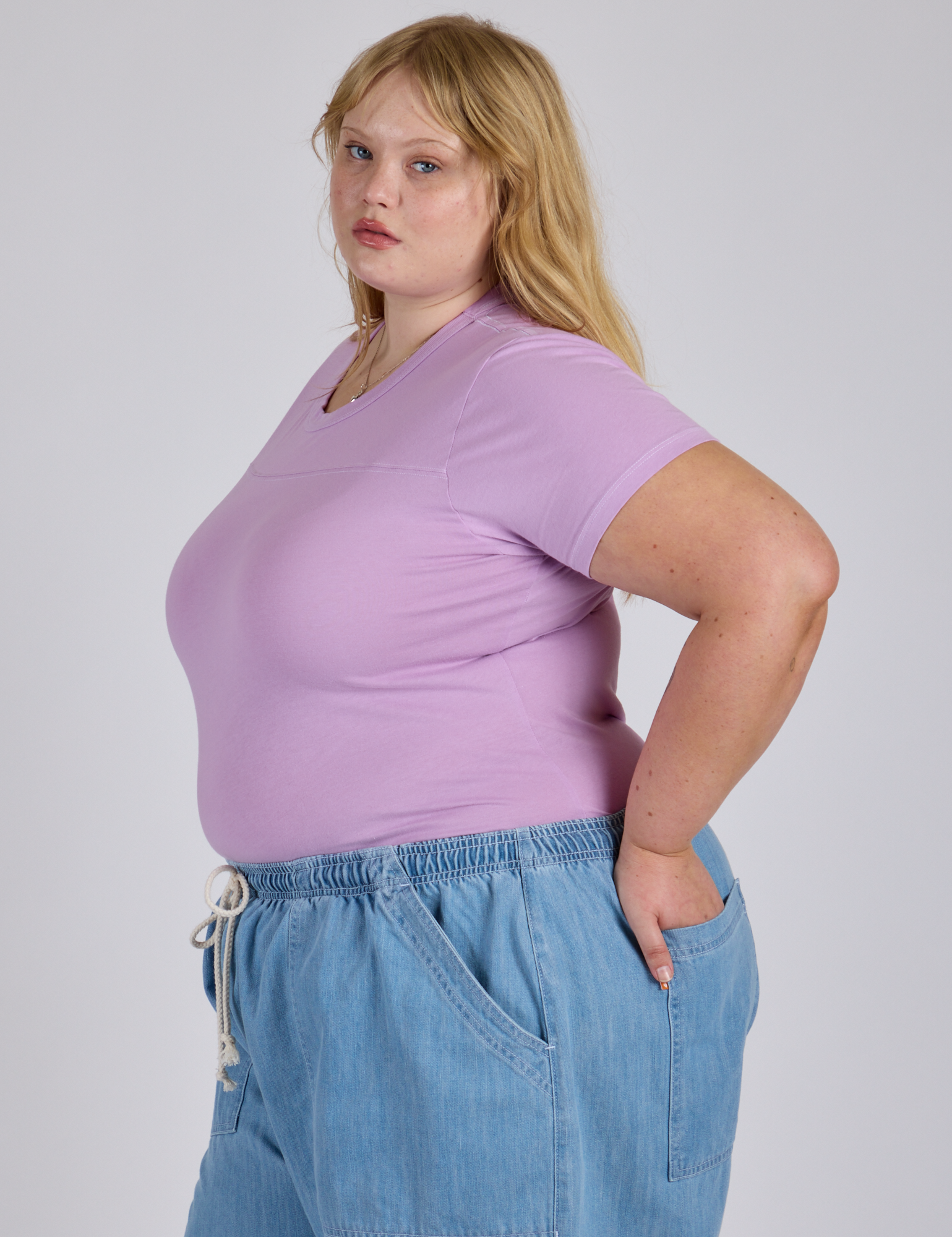 Jr. Varsity Tee in Lilac Purple side view on Juliet