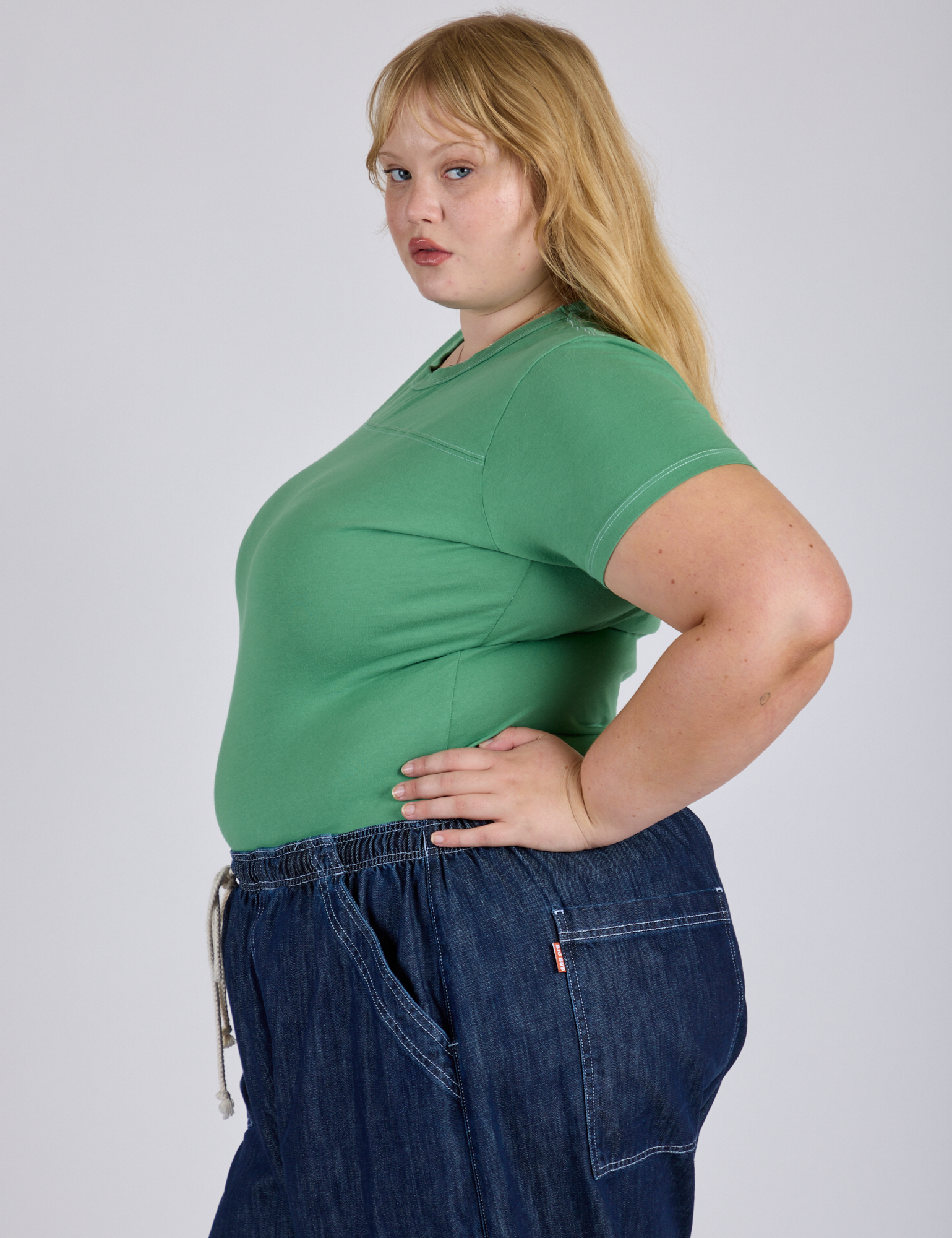 Jr. Varsity Tee in Seafoam Green side view on Juliet