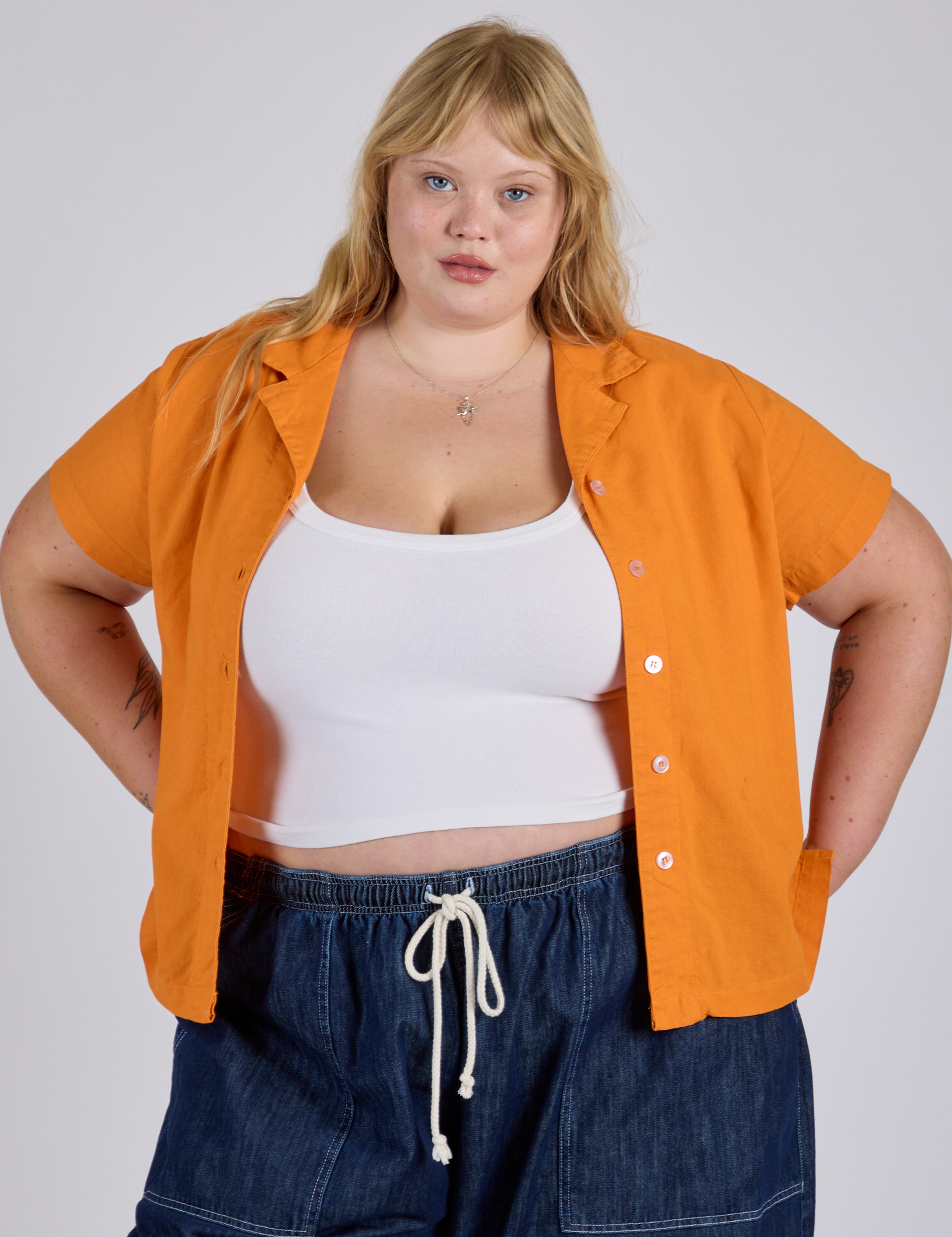 Pantry Button-Up in Creamsicle Orange on Juliet