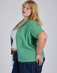 Pantry Button-Up in Seafoam Green side view on Juliet