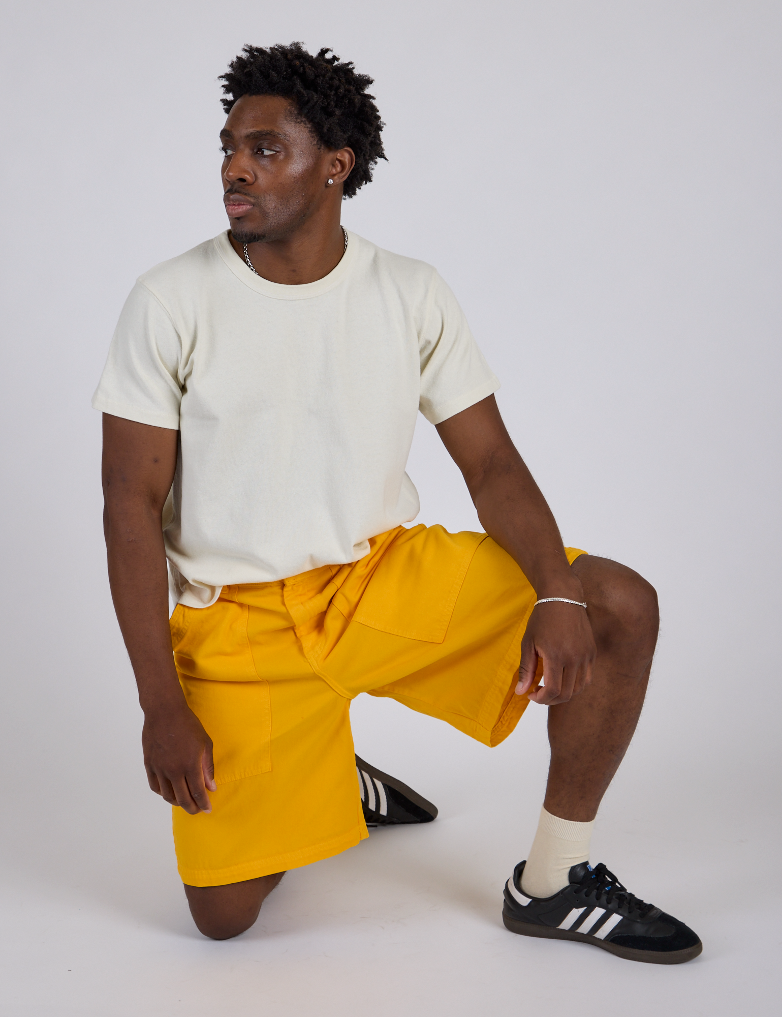 Longline Work Shorts in Sunshine Yellow and Burly Tee in Vintage Tee White on Isaac
