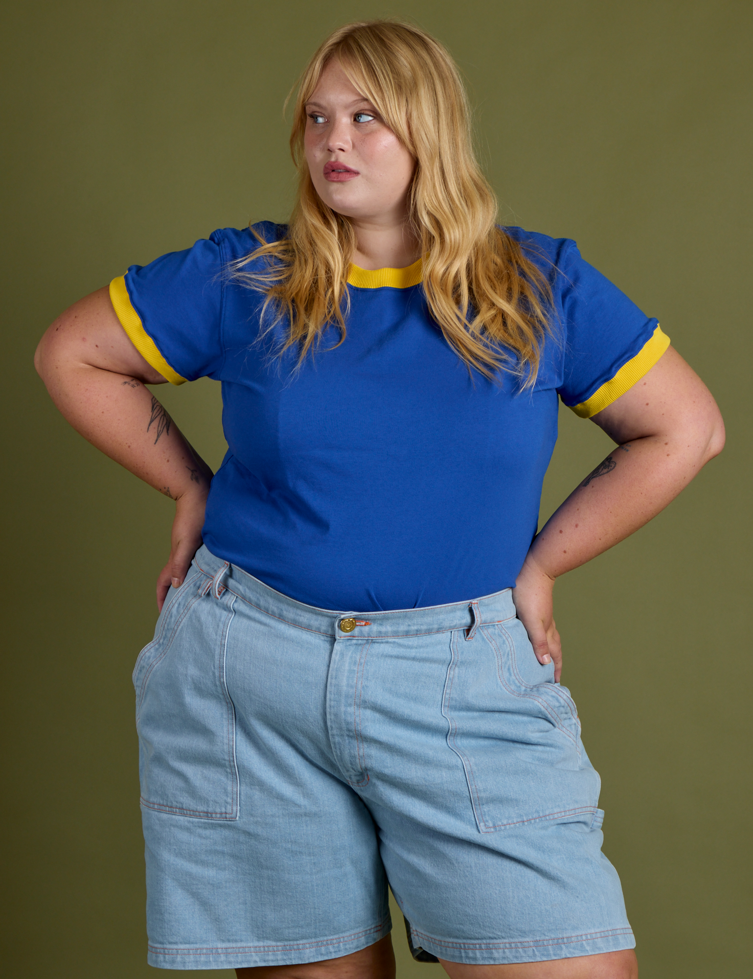Vintage Ringer Tee in Royal Blue and light wash Carpenter Shorts on Juliet