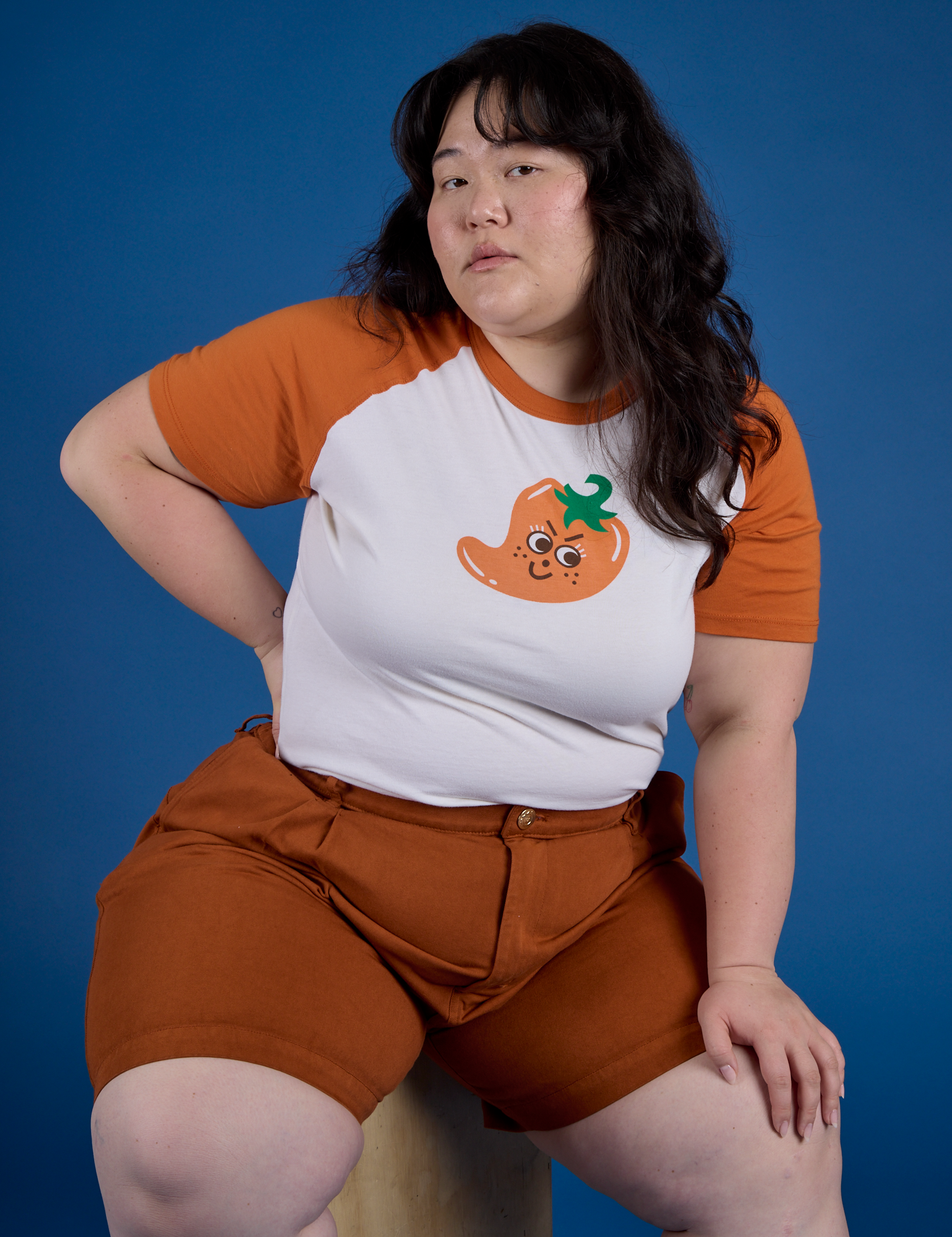 Produce Raglan Tee in Habanero worn by Ashley