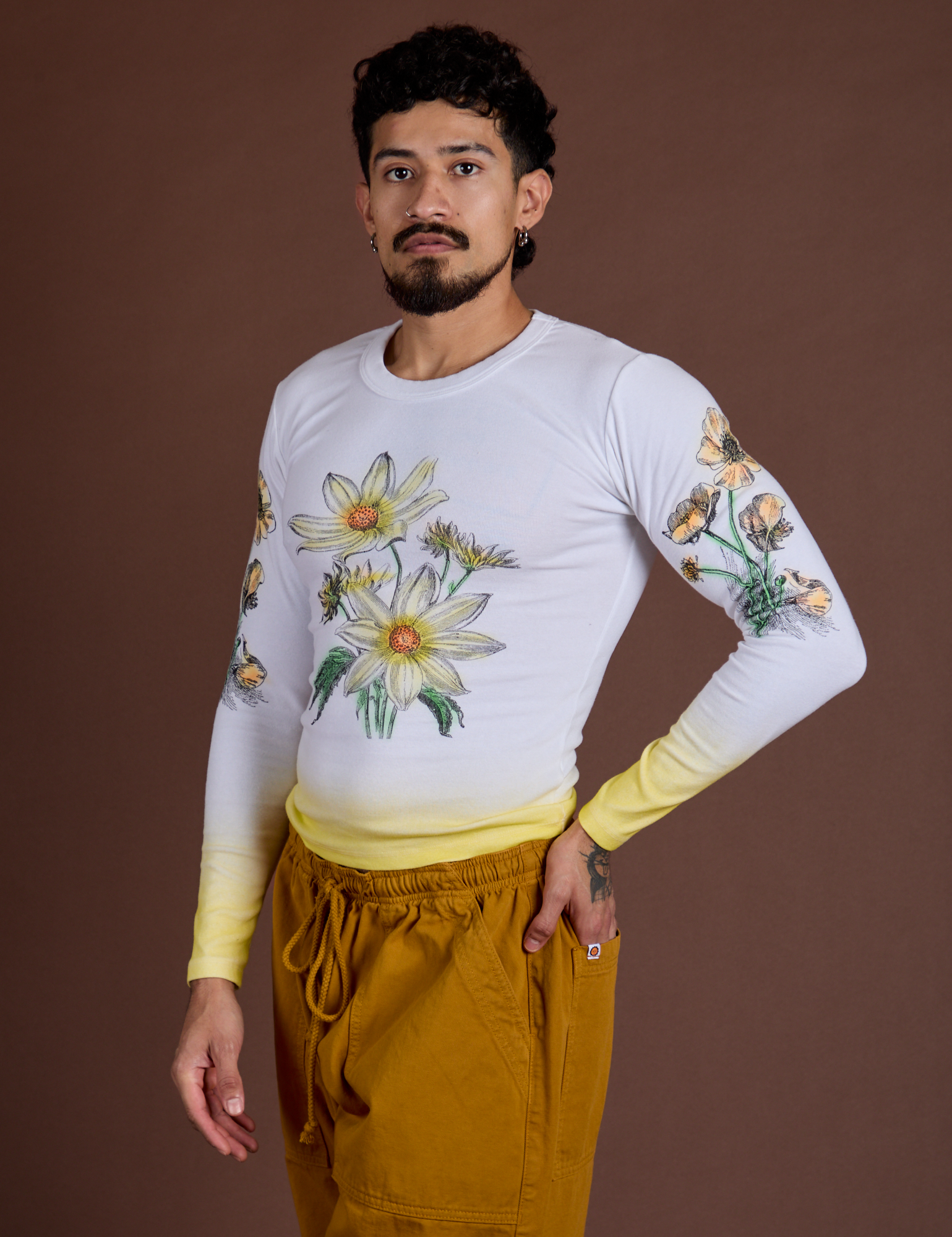 Floral Long Sleeve Baby Tee in Yellow angled front view on Jesse