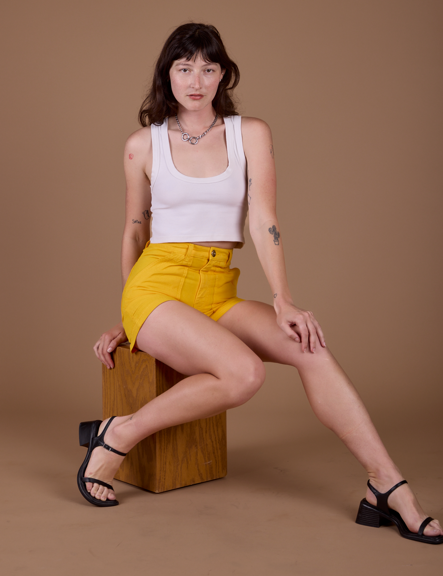 Classic Work Shorts in Sunshine Yellow and vintage tee white Cropped Tank on Alex