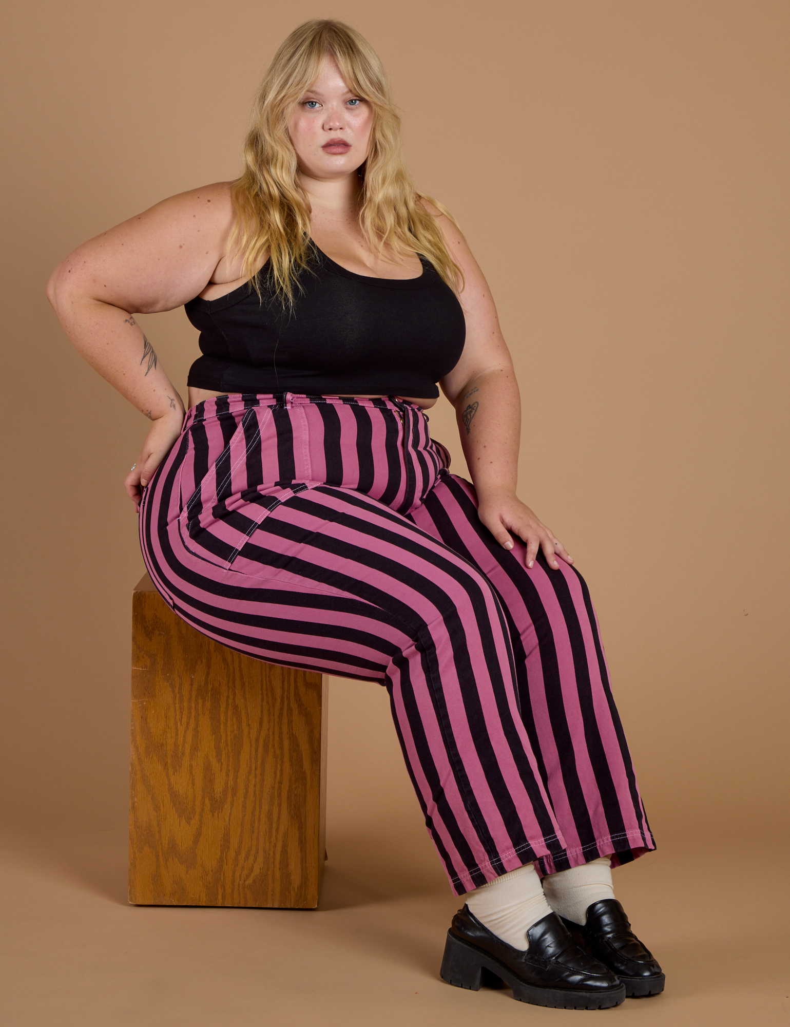 Black Stripe Work Pants - Bubblegum Pink