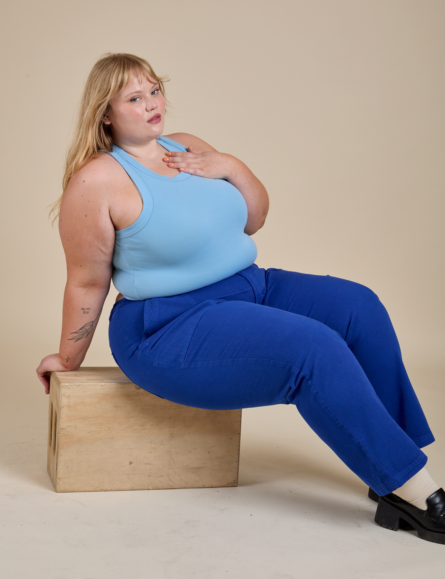 Racerback Tank in Baby Blue and royal blue Work Pants on Juliet