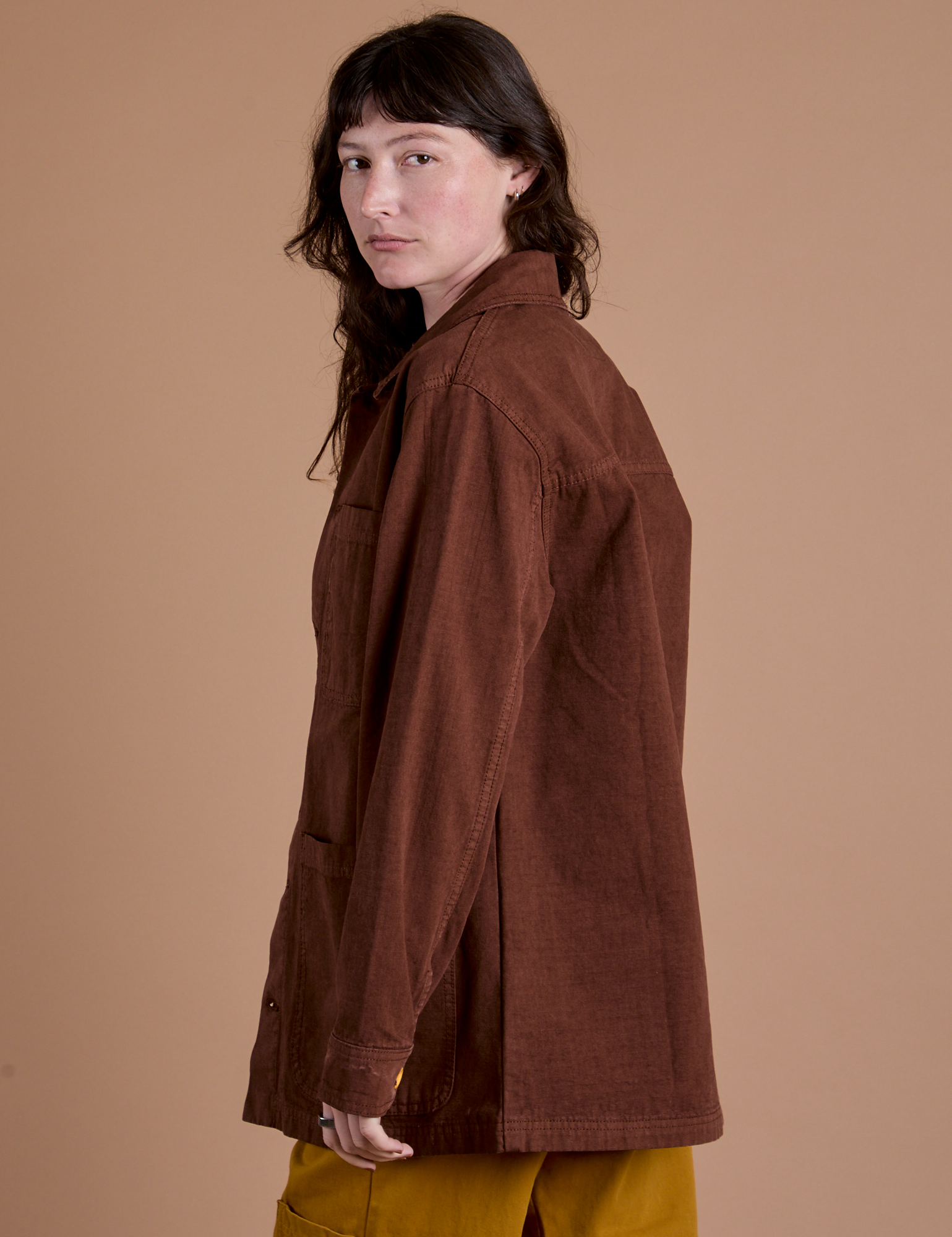 Ripstop Field Coat in Fudgesicle Brown side view on Alex