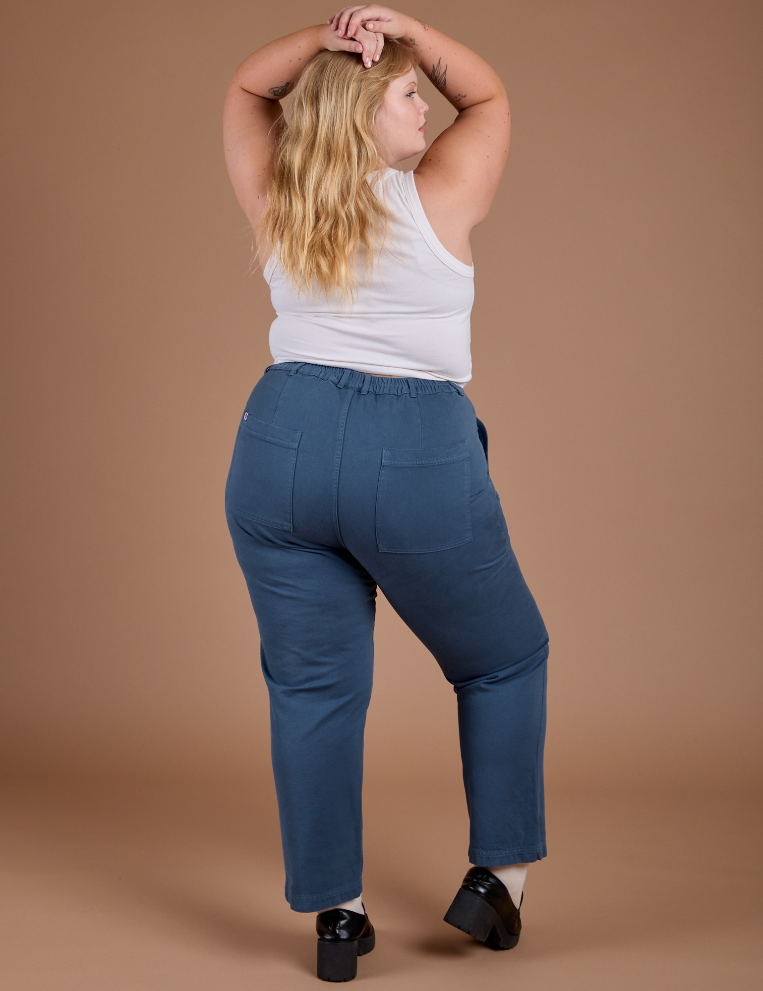 Organic Work Pants in French Blue back view on Juliet