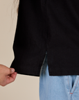 Pantry Button-Up in Basic Black close up of side vent on Anthony