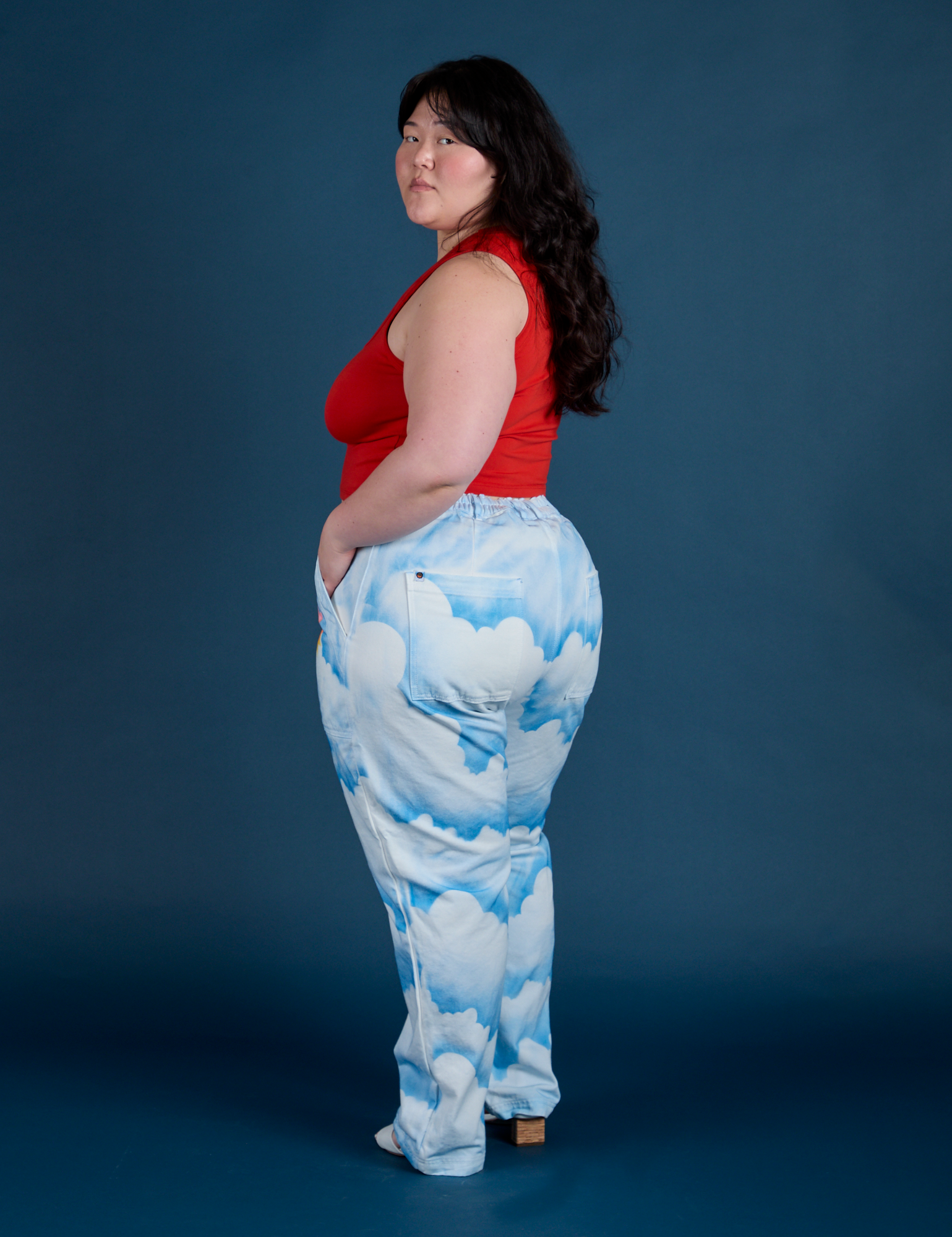 Work Pants in Sunny Cloud Airbrush angled back view on Ashley