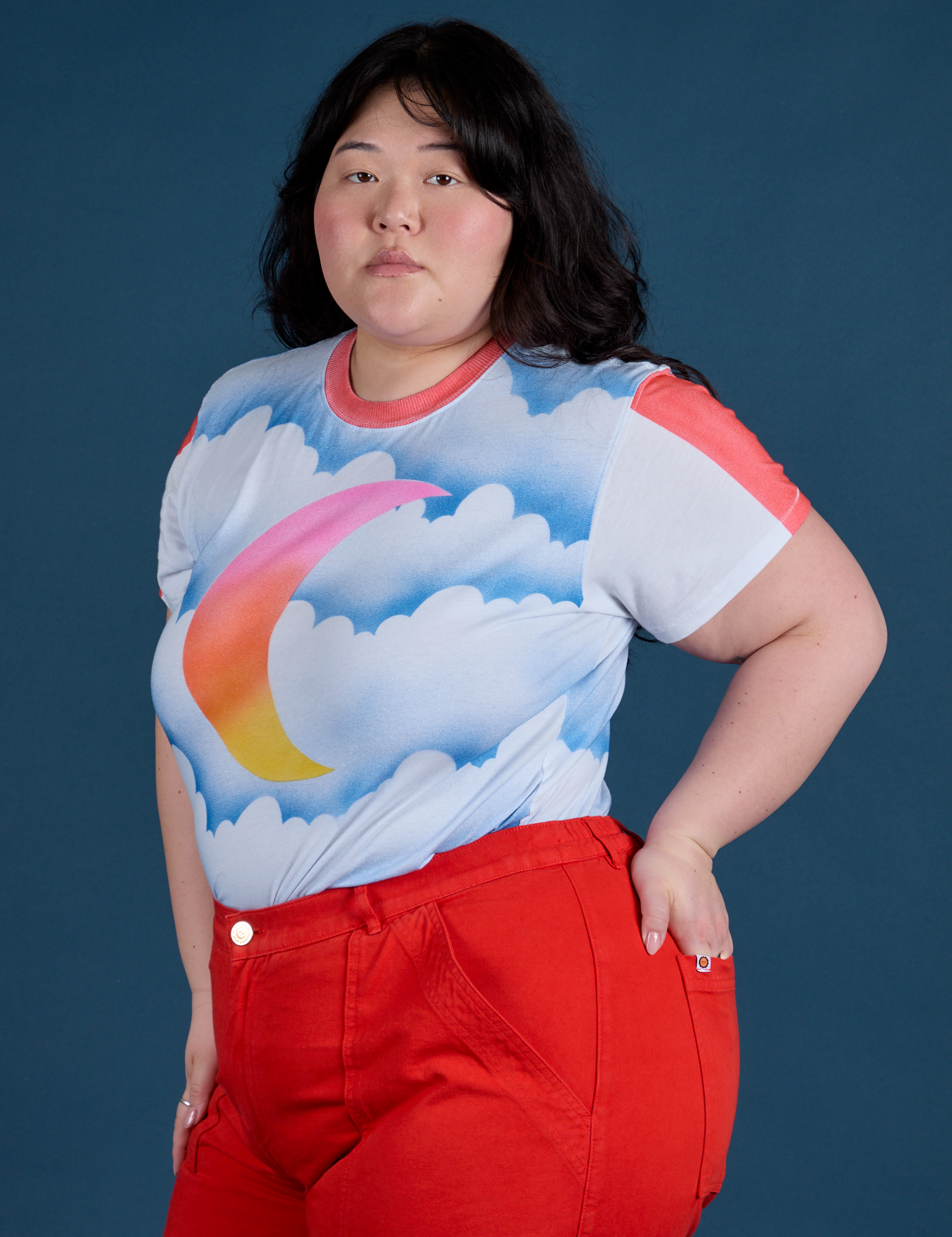 Angled front view of Airbrush Moon Vintage Tee on Ashley