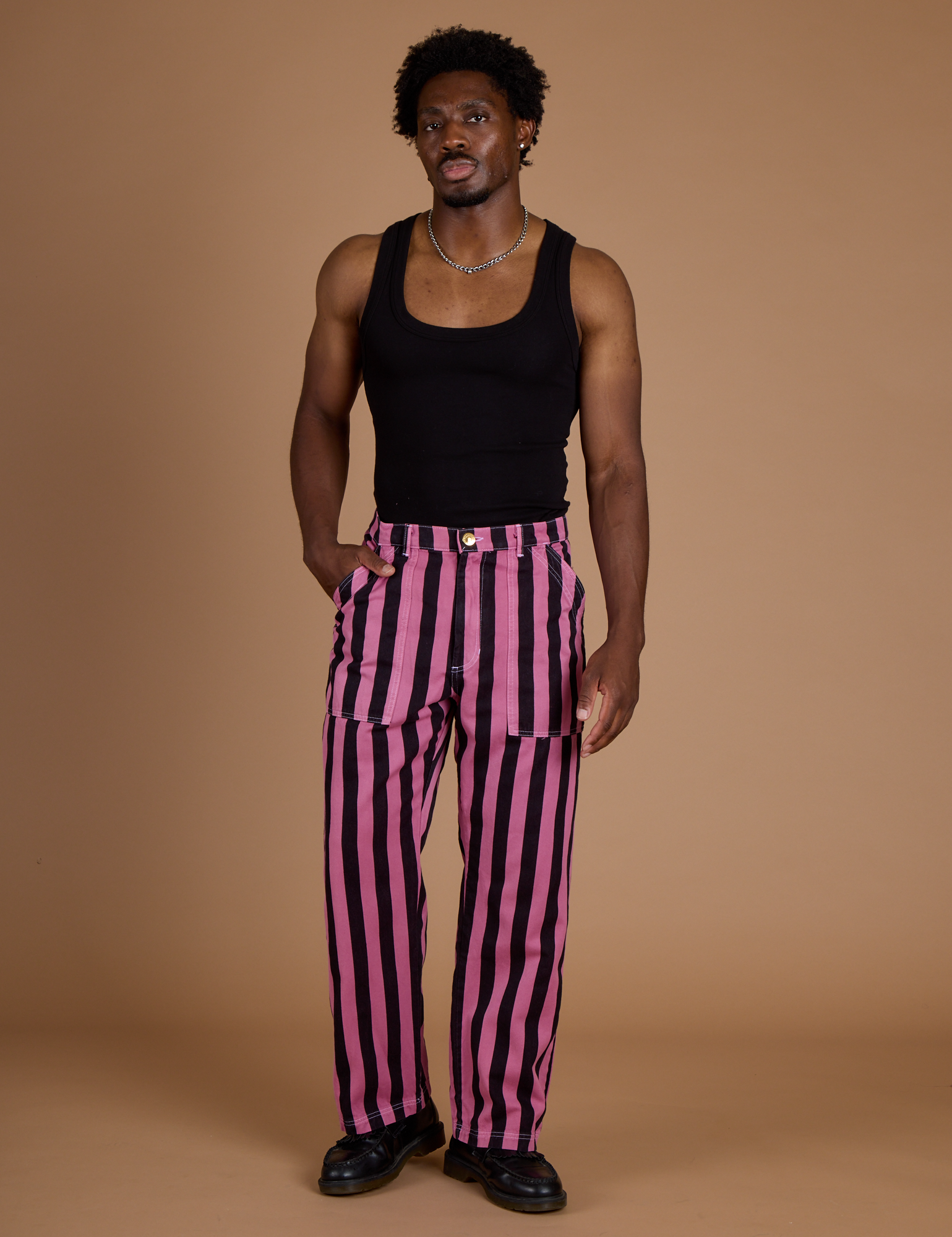 Black Stripe Work Pants - Bubblegum Pink