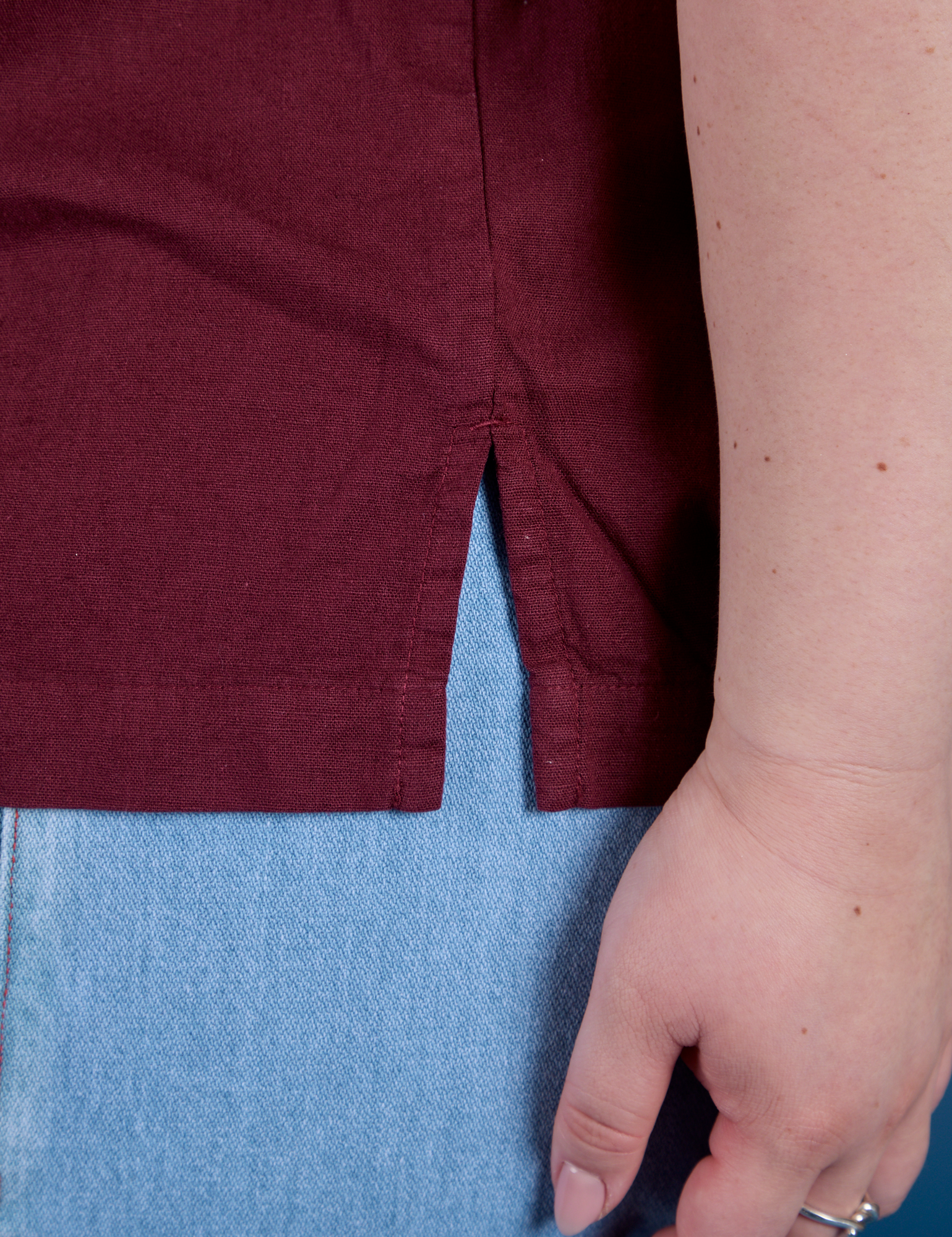 Painted Pantry Button-Up in Red Wine side vent close up