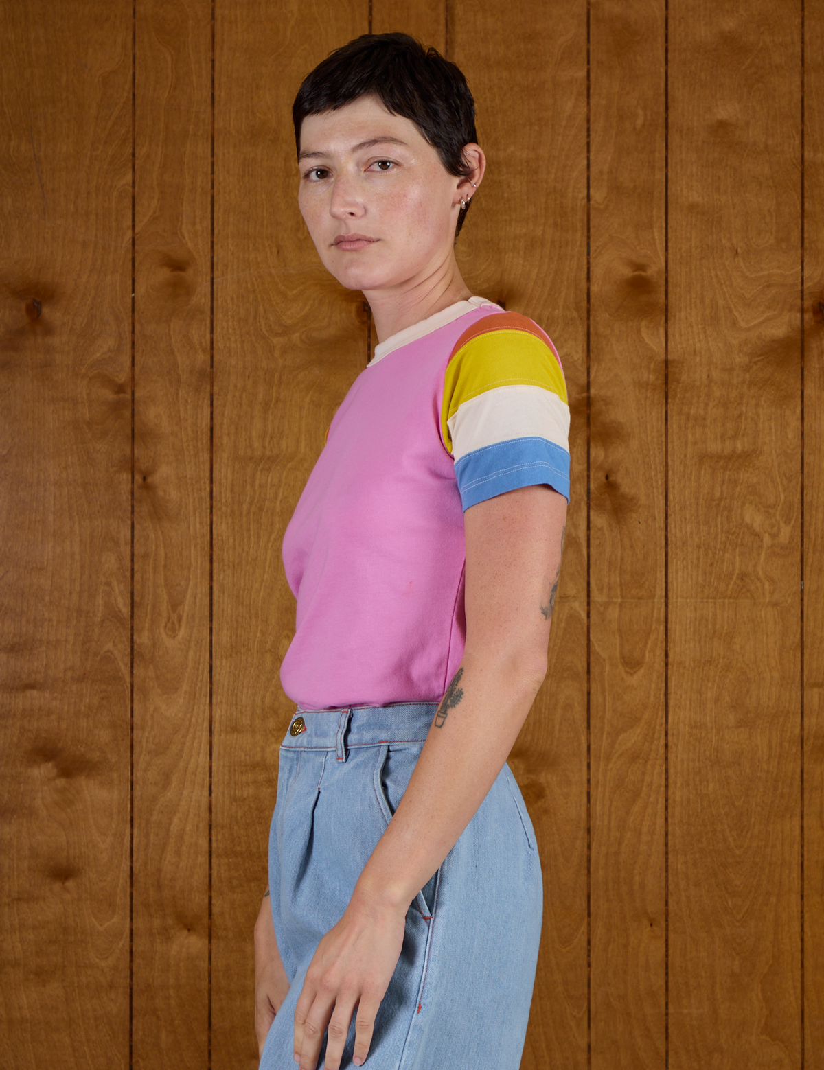 Side view of Calypso Tee in Bubblegum Multi on Alex