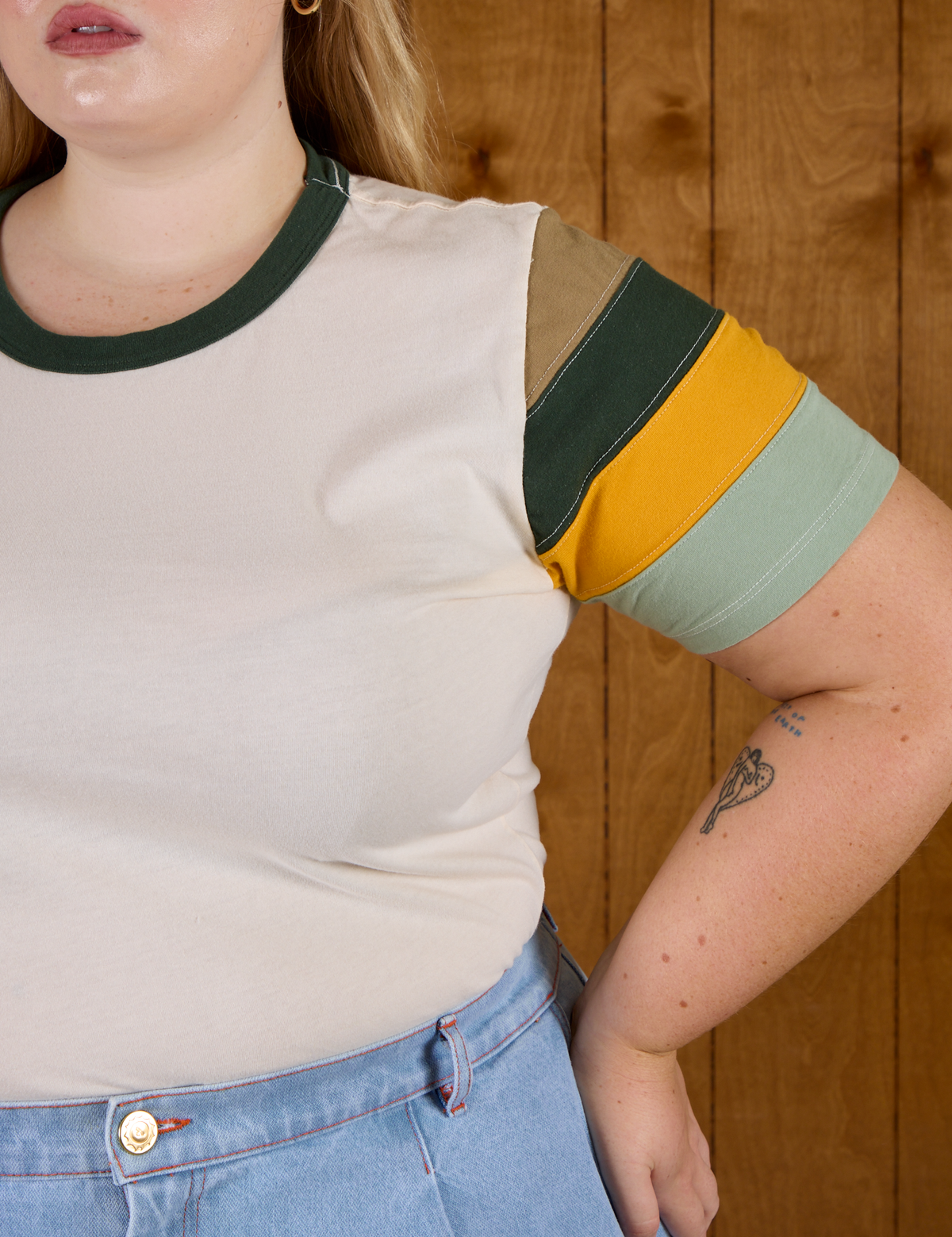 Close up of Calypso Tee in Off White Multi on Juliet